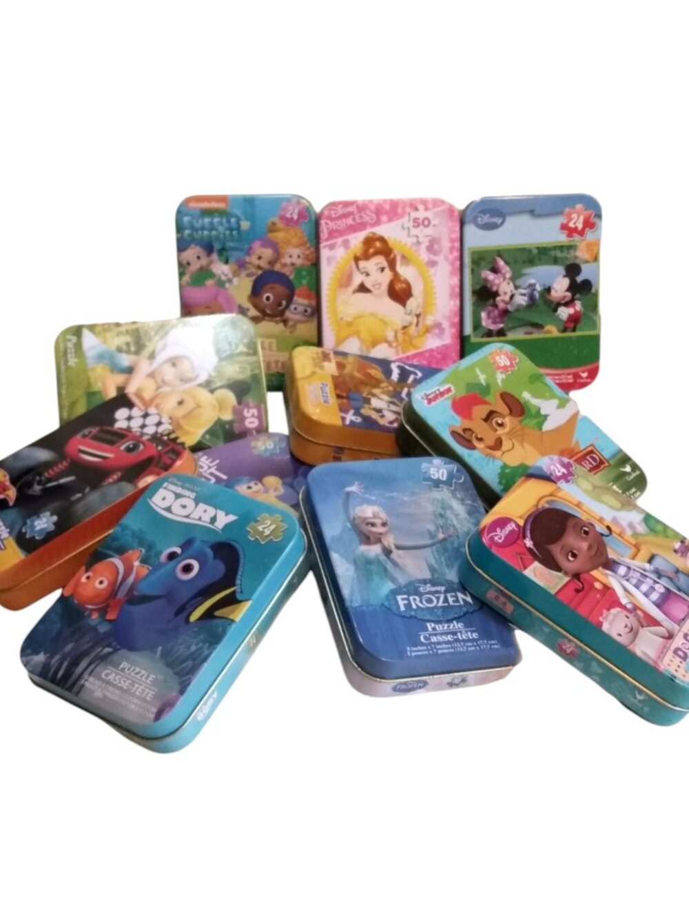 11 Disney/Nickelodeon Mini Travel Puzzels-Tin Cases-24/50 Pieces